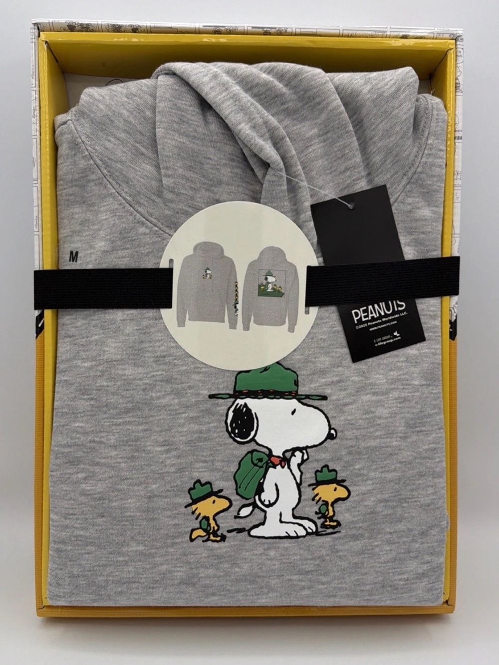 Peanuts Grey Hoodie with Green & Yellow Snoopy Graphic - Camping- Medium